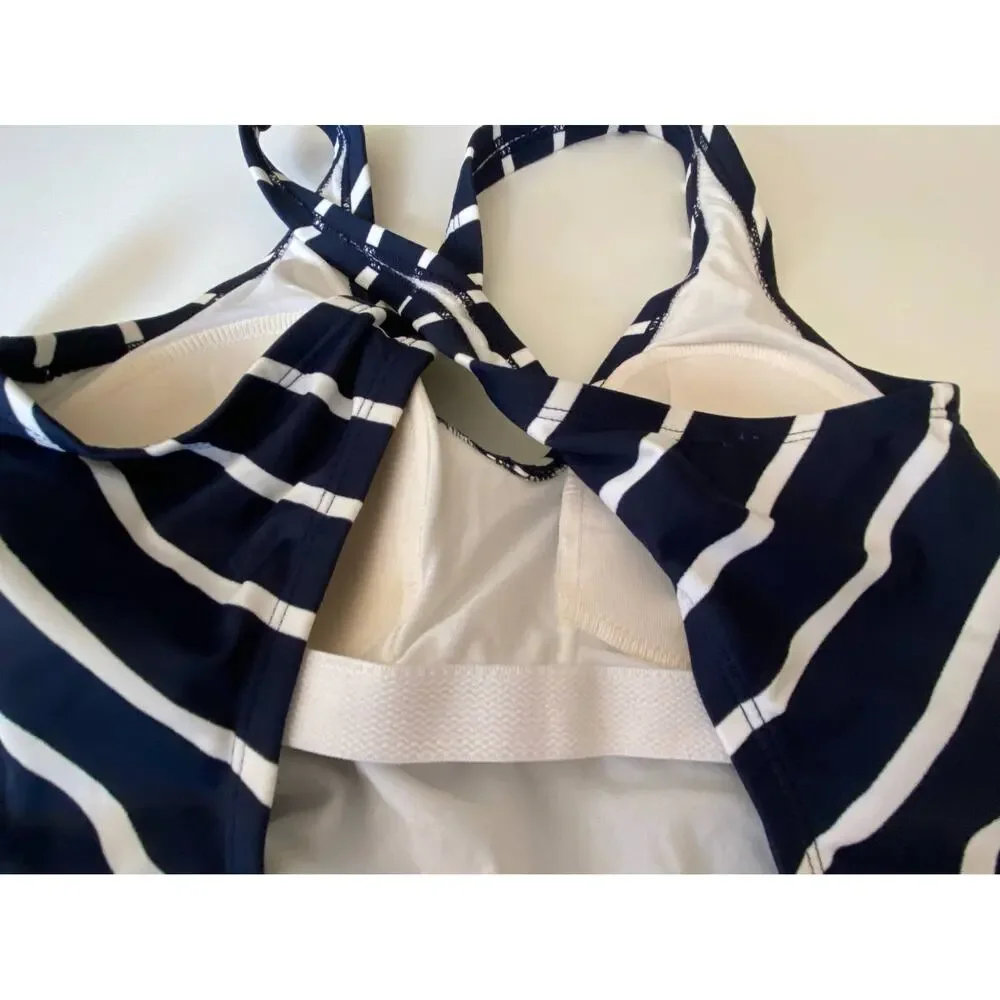 Kona Sol Women’s Dark Navy Blue/White Striped One-Piece Swimsuit Size Medium